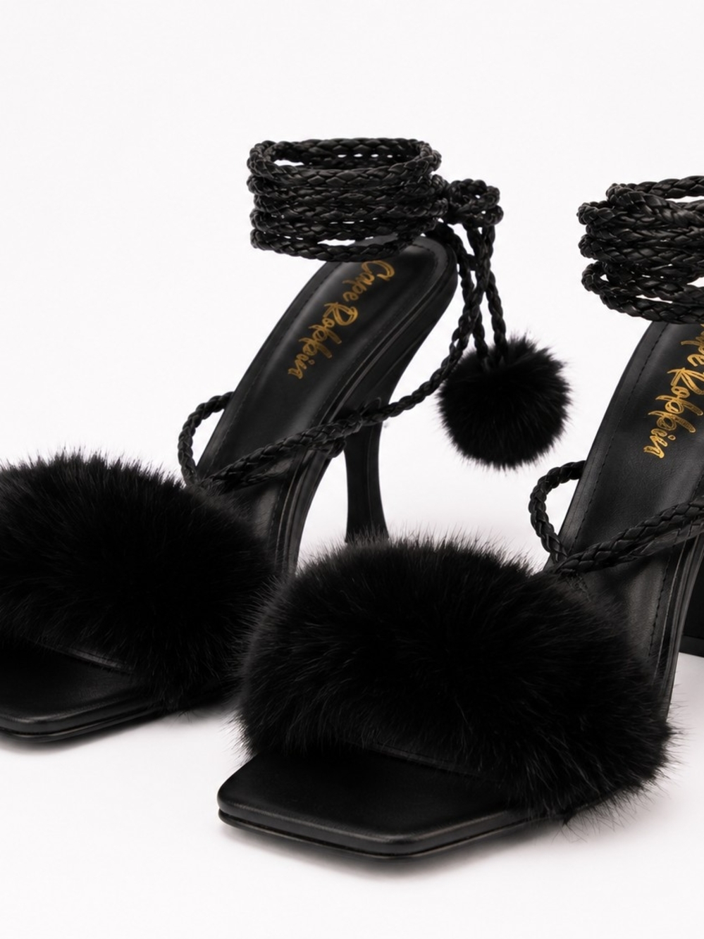 Cape Robbin Black Faux Fur Ankle-Tie Heels